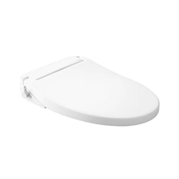 White ECOWASHER TCW07S#W elongated bidet toilet seat shown with a closed lid, a clean rear hinge design, and a chrome manual side operating lever.