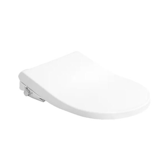 White ECOWASHER TCW09S#W rounded bidet toilet seat shown with a closed lid and a chrome manual control lever on the side.